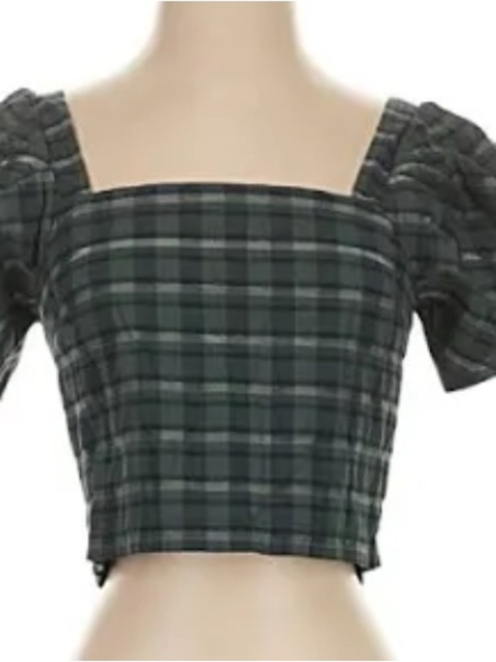 Madewell Green & Black Plaid Square-Neck Puff Sleeve Crop Top